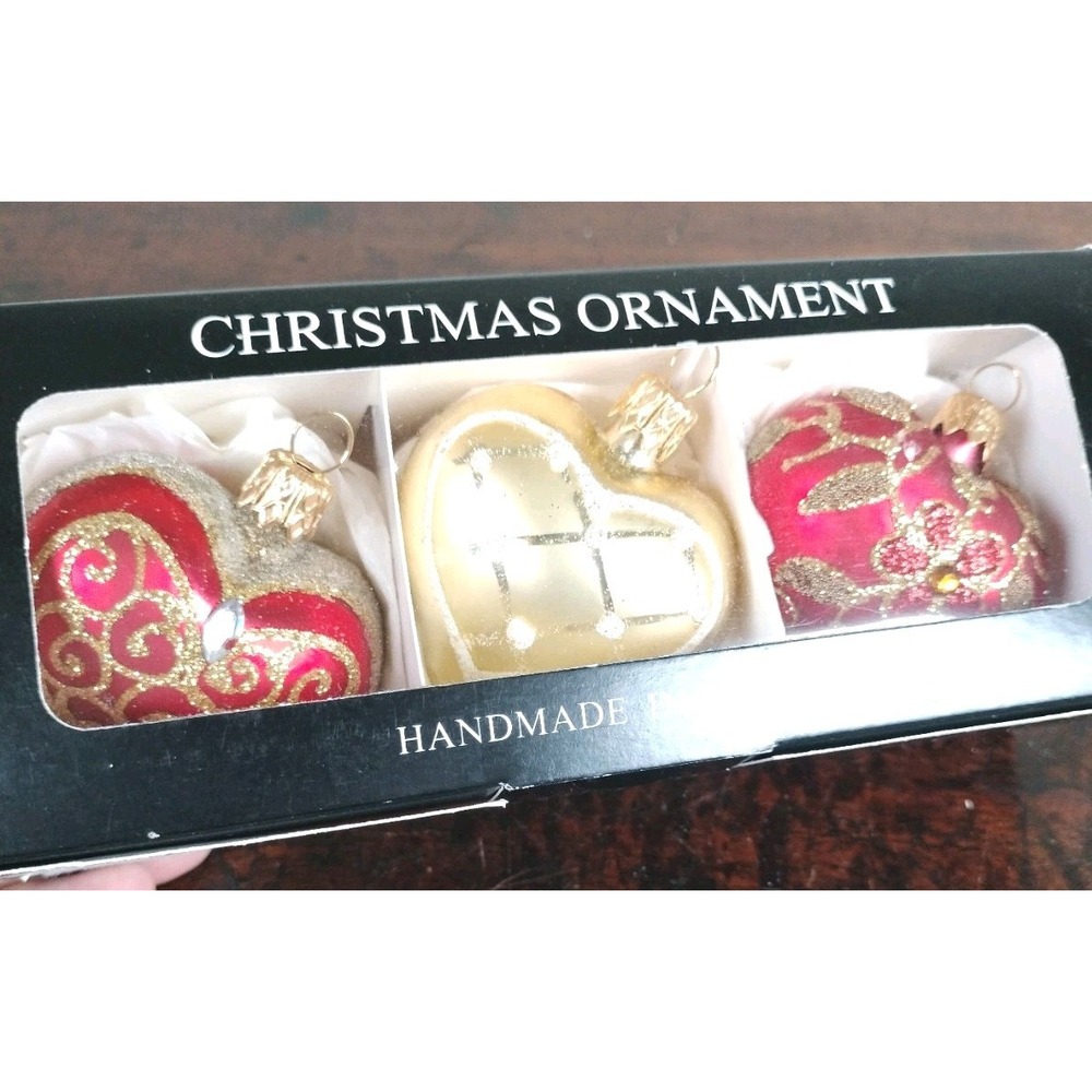 Vintage New Szklo-Dekor Poland Blown Glass Heart Christmas Ornants Set of 3